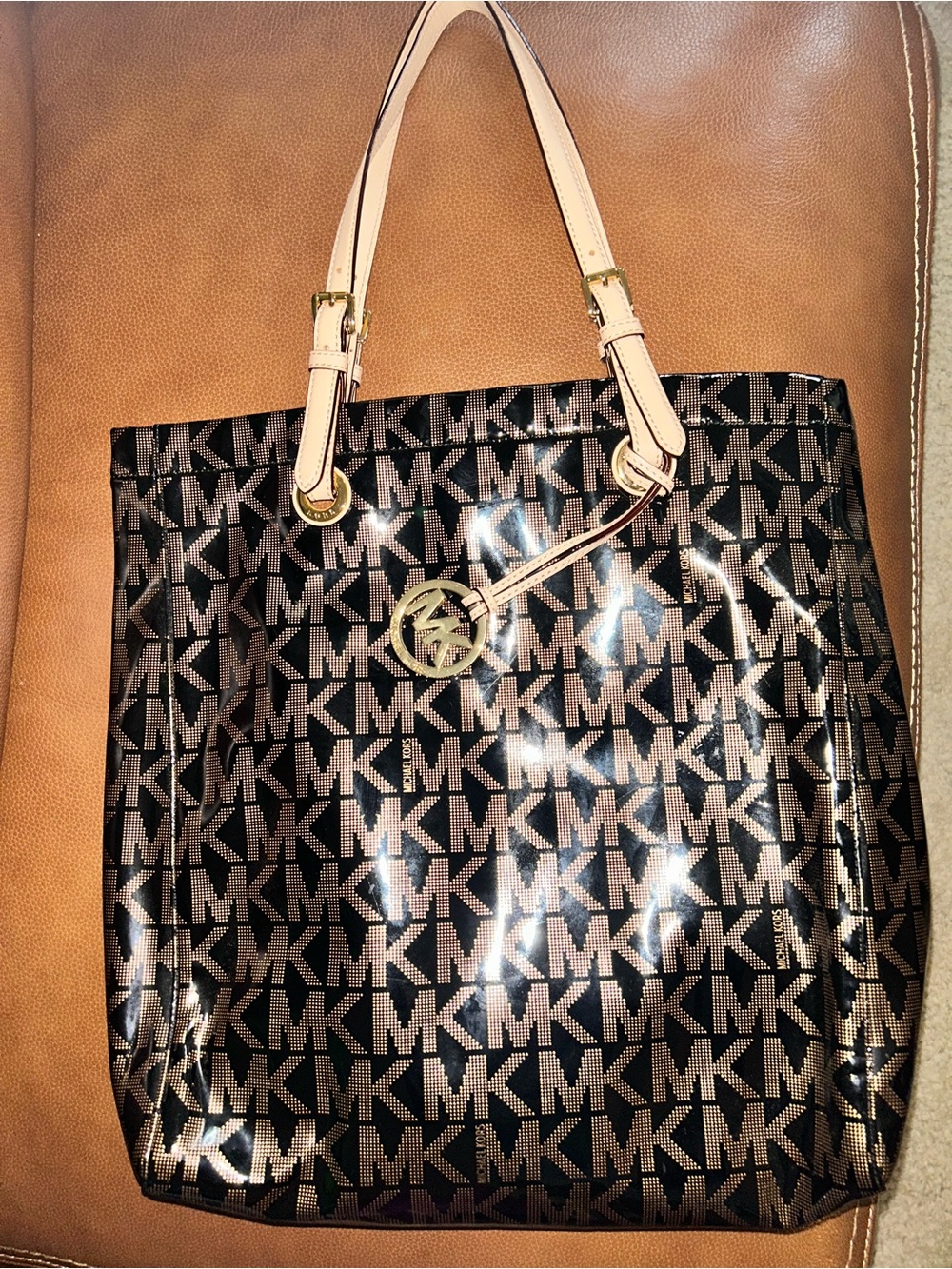 Michael Kors Black Logo Tote with Beige Handles